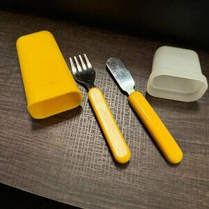 The First Years Toddler Fork/Knife Yellow Handle Flatware Utensils w/travel case